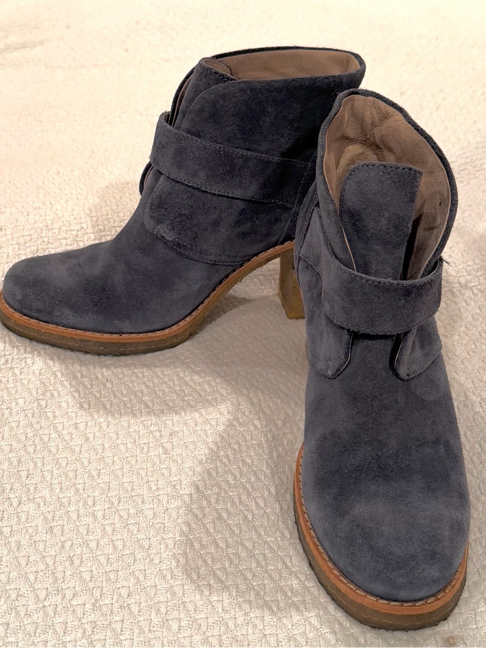 UGG Slate Blue Suede Ankle Booties with Strap Detail Block Heel